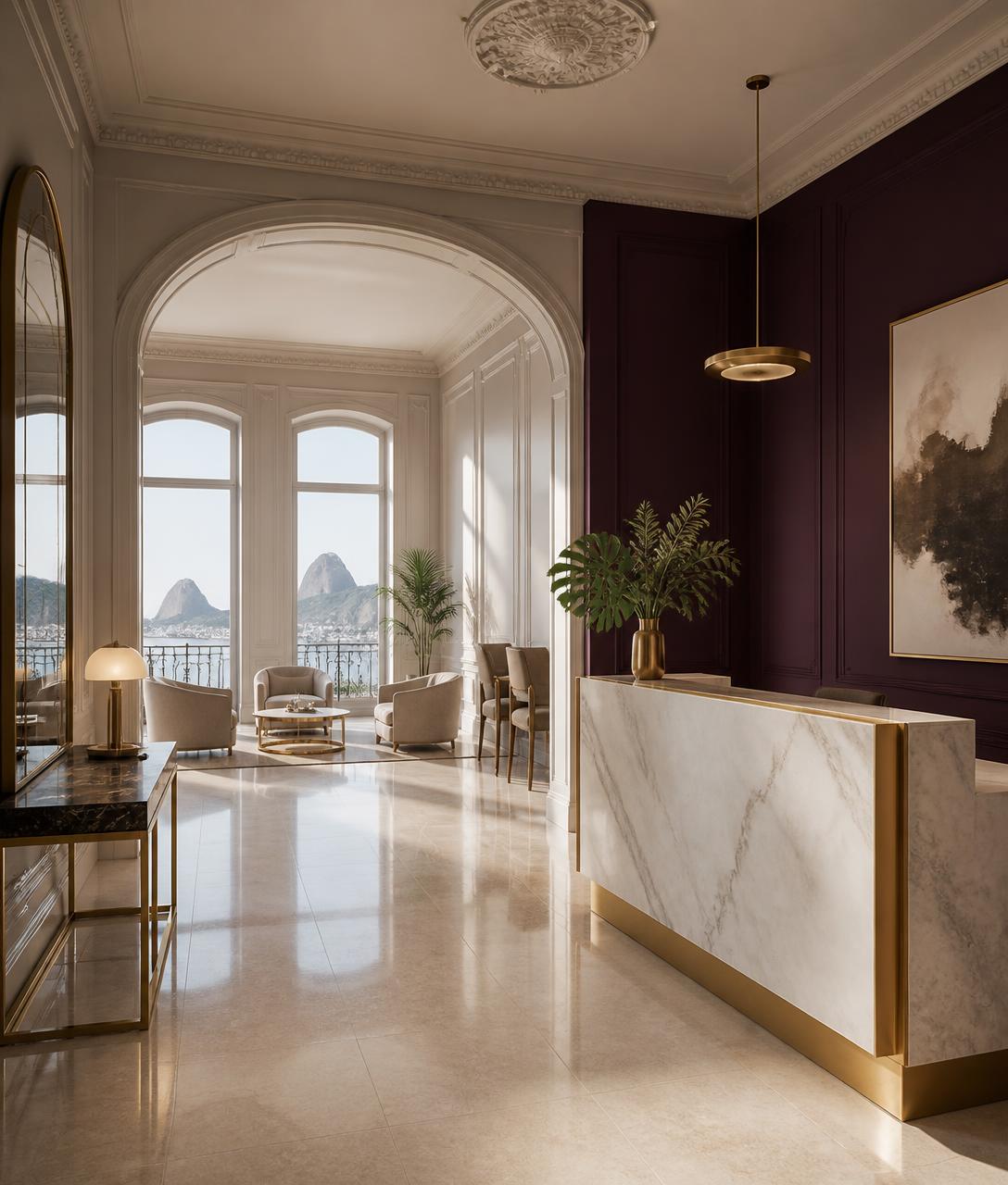 Recepção elegante em mármore com parede aubergine e detalhes em latão